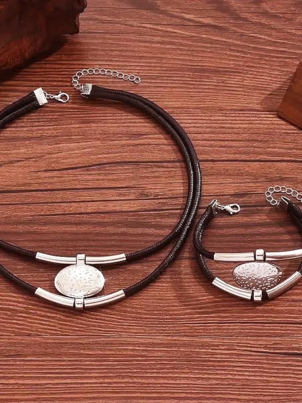 Anthropologie Black Cord Double-Layer Necklace with Silver Discs - Picture 3 of 7